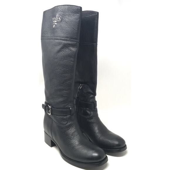 PRADA Cervo Women's Size 37.5 Black Leather Authentic Designer Knee High Boots - Picture 2 of 9